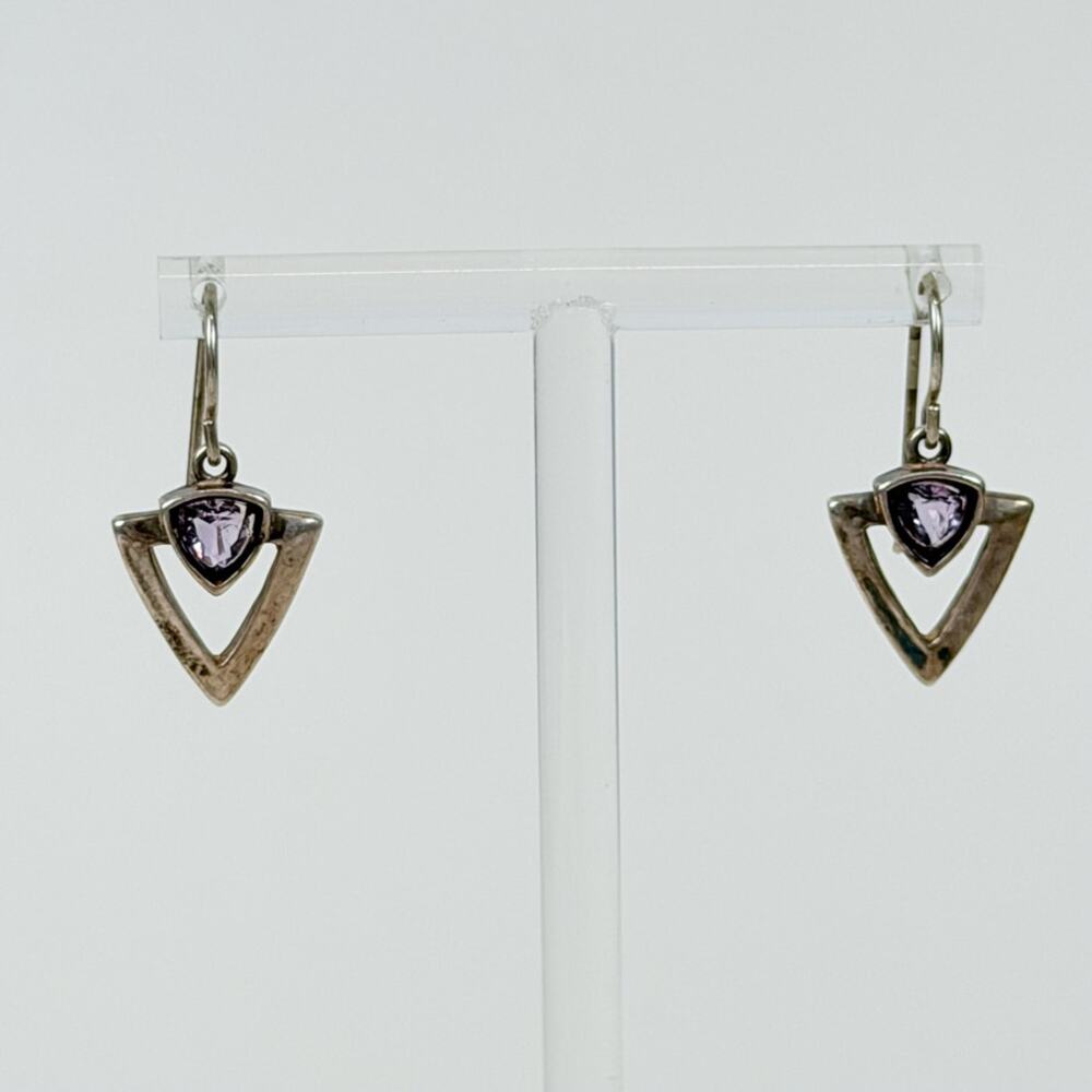 Sterling Silver Earrings Vintage Amethyst Drop Art Deco Small